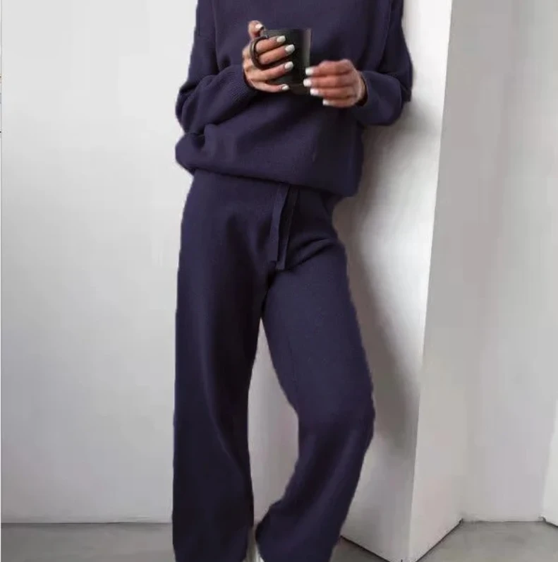 

Autumn Women's Two Piece Set Turtleneck Knit Sweater and Pants Casual Solid Color Loose Fit Pullover Lounge Wear Outfit
