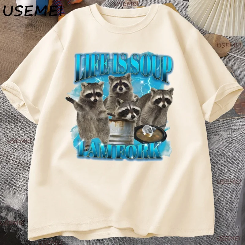 Funny Raccoon T-Shirt Men Women Life Is Soup I Am Fork T Shirt Raccoon Vintage Graphic Tee Animal Lover Tshirt Streetwear Tops