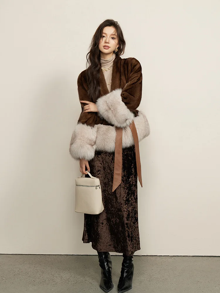 UMI MAO Kaidi Luolan violet étiquette Grade entier vison manteau de fourrure femmes minceur fourrure de renard poignets automne hiver fourrure veste