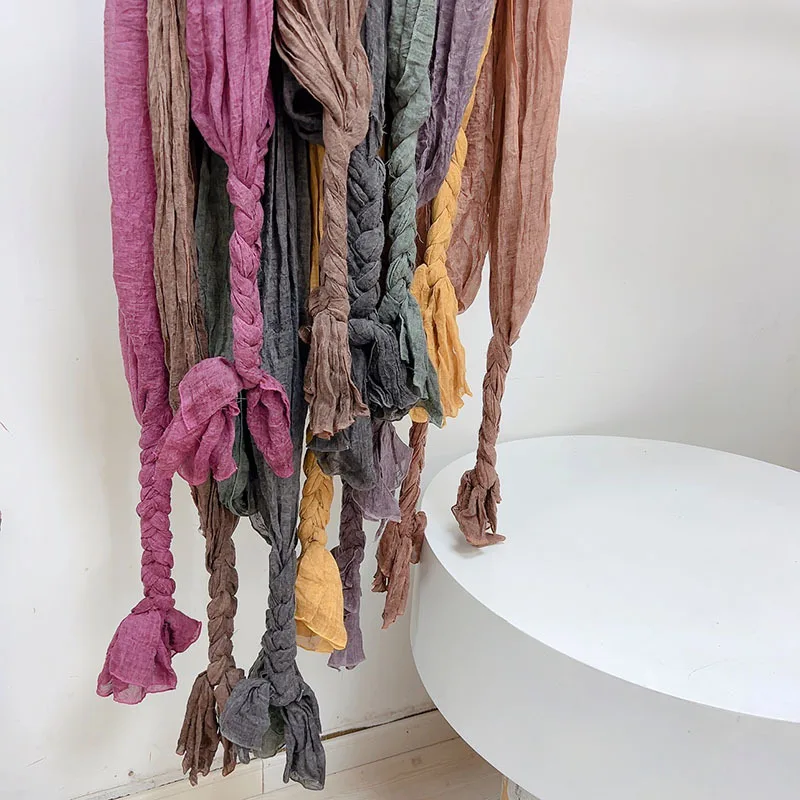 Johnature New Vintage Distressed Personality Braided Scarf Four Seasons All Match Shade And Keep Warm Solid Color Women Scarf