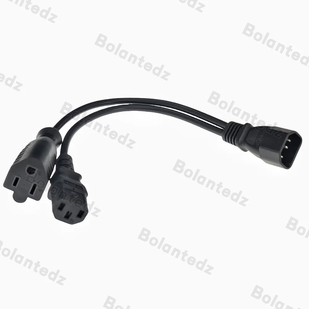 Bolantedz 1pcs Y Splitter Power Plug Cord,Single IEC 320 C14 Male to C13+Nema 5-15R Female Splitter Adapter Cable Cord