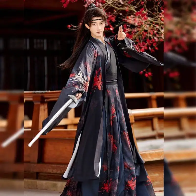 Red Spider Lily Flower Hanfu Dress Men Women Traditional Red Black Shore Floral Printing Costume Ancient Swordsman Cosplay Suit