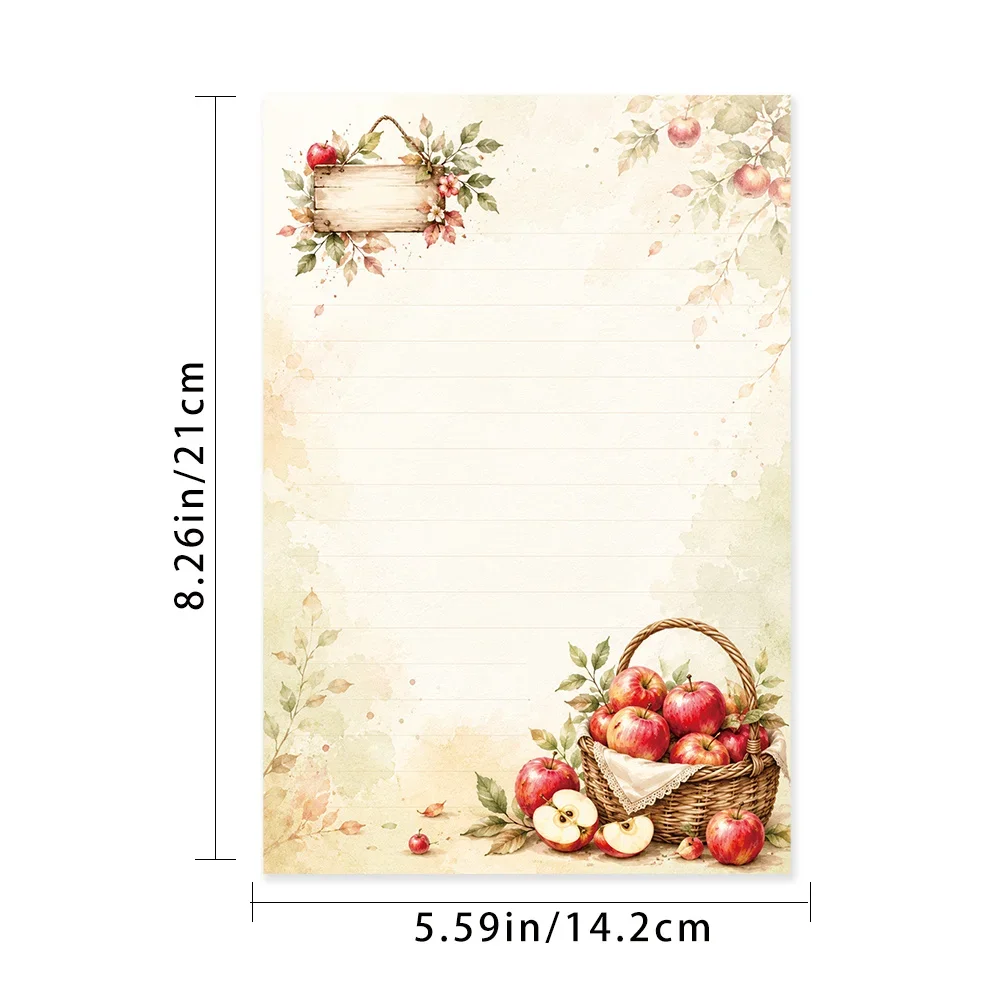 50 Sheets,Watercolor Apple Woven Basket -themed Writing Paper, Lined, Glue-free, Perfect For Notebooks, Memos, And Stickers