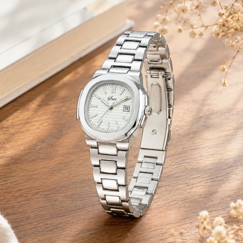 Luxury Women Watches Fashion Square Dial Steel Strap Quartz Watch with Calendar Exquisite Dress Ladies Wristwatches Clock Gift