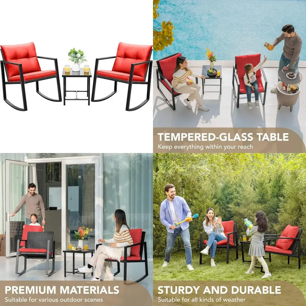 3-Piece Wicker Outdoor Rocking Bistro Set with Glass Top Coffee Table, Red Patio Furniture Conversation Area