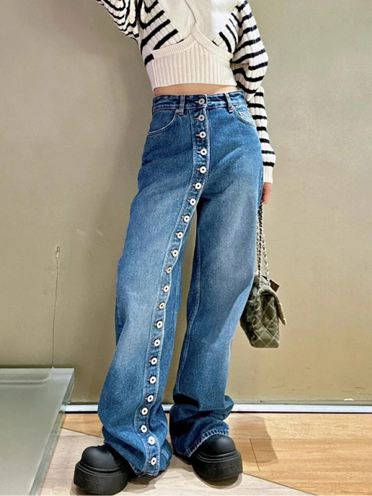 Women's Continuous Button Design High Waisted Jeans Cool Girl Streetwear Fashion Pants Female Casual Blue Denim Trouser