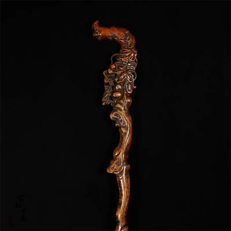 Antique  Boxwood carving fu lu auspicious gourd crutches,Hand-carved crafts,Decoration,Collection&Adornment