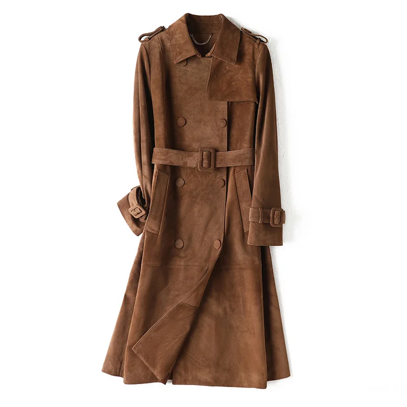 Veste longue ceinturée en cuir de vachette véritable pour dames de bureau, coupe-vent, manteau long, pardessus en daim de luxe, automne, hiver, 100%