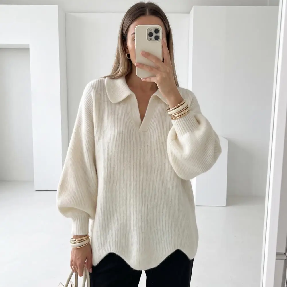 Ribbed Knitwear Loose Fit Sweater Autumn Winter Knitted Sweater Women’s Lapel V-neck Pullover Solid Color Loose Fit Knitwear