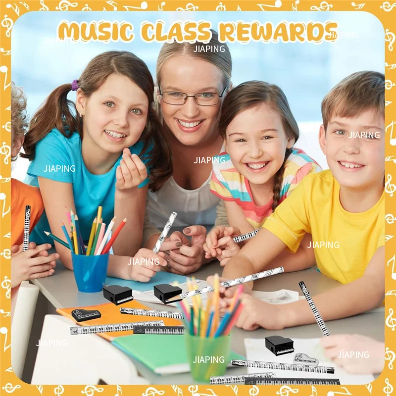 مناسبة لـ T43C-30Pcs juego papelería para recuerdos de fiesta musical، بما في ذلك notas musicales، lápices، borradores، #6