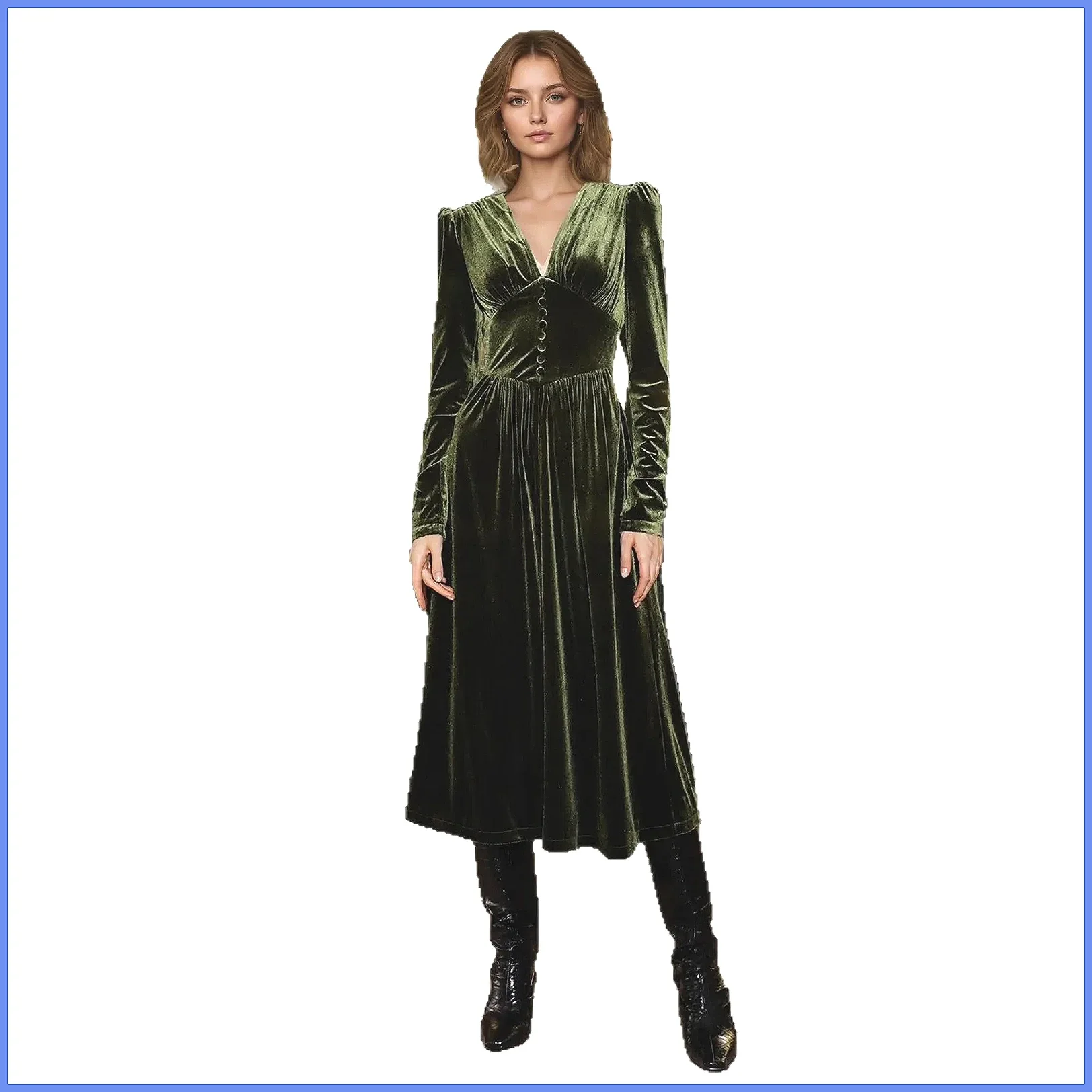 French Vintage Green Velvet V-Neck Long Dress for Women, Slim Fit Party Dress for Autumn Winter view 6