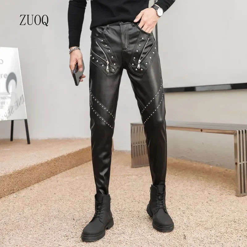 2025 New Arrived Skinny Biker Leather Pants Men\'s New Faux Leather Biker Trousers for Male Trouser Stage Club Wear