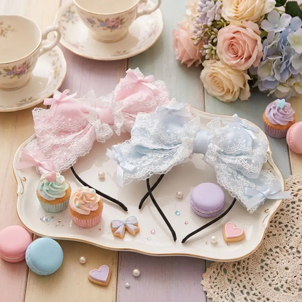 Trend Ruffle Lace Ribbon Bowknot Hairband Wide Sweet Style Kawaii Hair Hoop Headwear Lolita Headdress Women's Hair Accessories