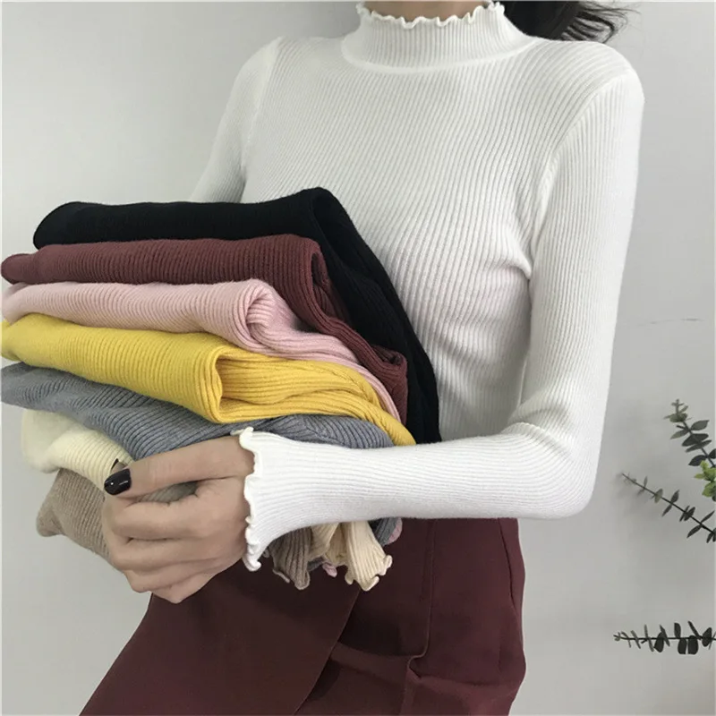 

Slim Fit Half High Collar Pullovers Women Autumn Long Sleeve Knitted Tops Casual Soft Warm Edible Tree Fungus Sweaters 28493