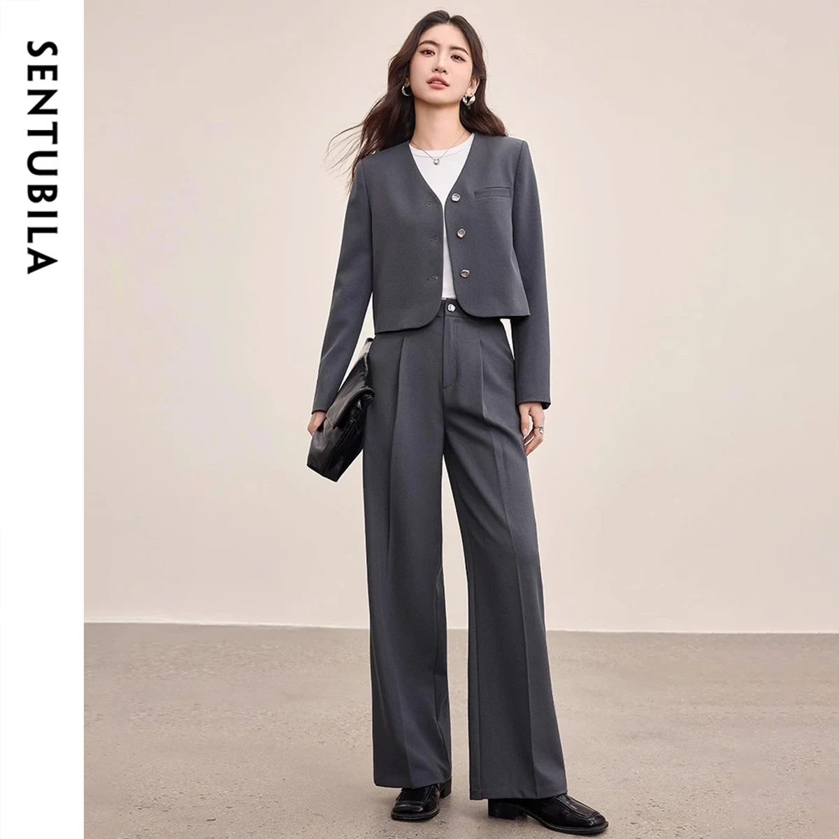 

SENTUBILA женский серый пригородный комплект, осень 2021, индивидуальный пиджак с v-образным вырезом, подплечниками и брюками с эластичной резинкой на талии 153ZA2497
