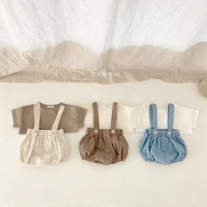 Korean Version Cute Baby Set Summer Pure Cotton Bag Fart Shoulder Strap Shorts Short Sleeved T-shirt Two-piece Set Trendy
