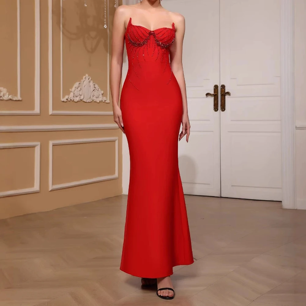 

Rhinestone Beaded Fishtail Evening Dress Women's Slim Fit High-end Dinner Wedding Party Bandage Dress-GZXX846