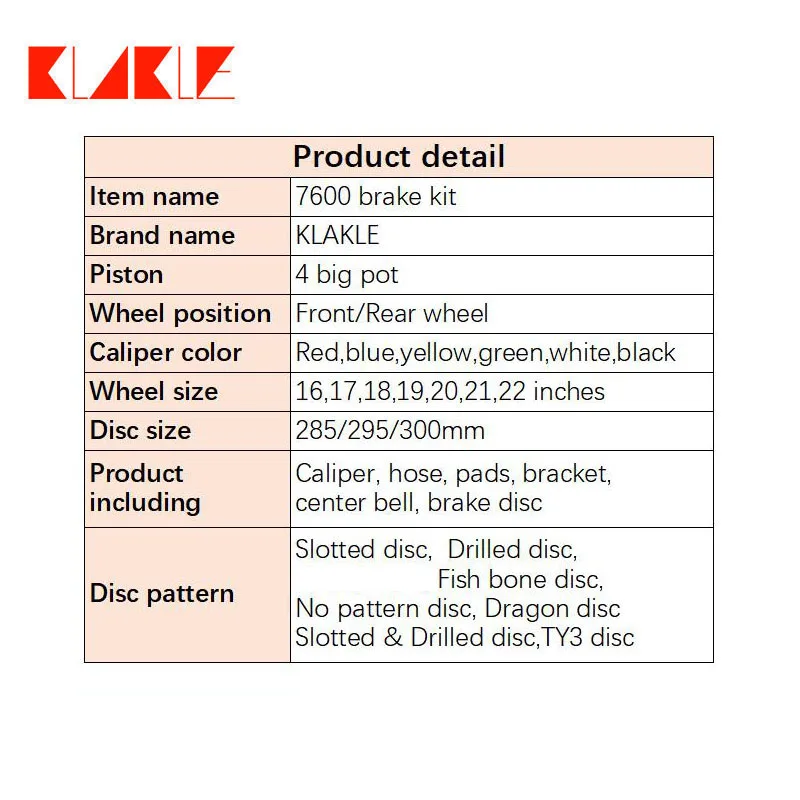KLAKLE Car Accessories Modified 4 Piston 7600 Car Calipers Brake Pads 285*24 Brake Discs For BMW E46 Big Brake Kit For Fiat 500