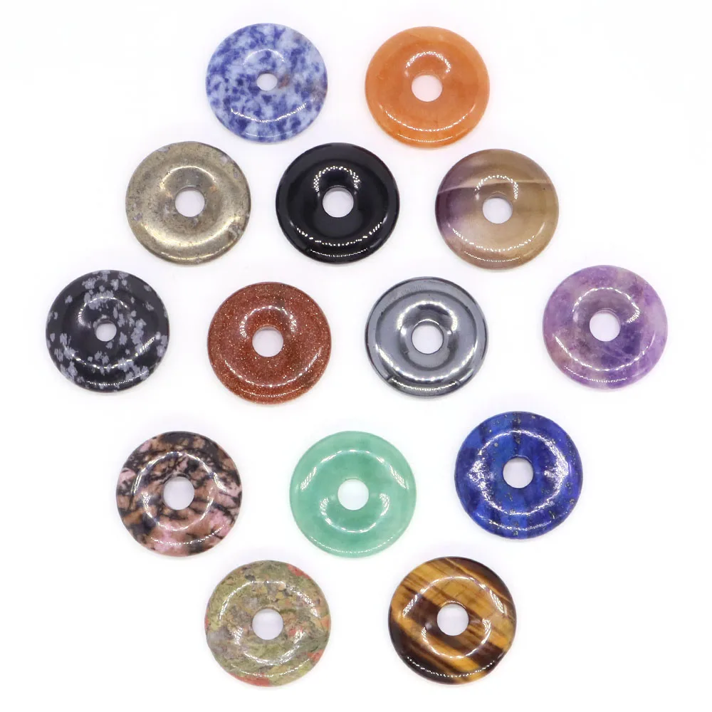 Wholesale 30mm Natural Round Big Hole Hollow Stones Healing Crystals Donut Charm Pendant For Making Jewelry Necklace Lucky Gifts