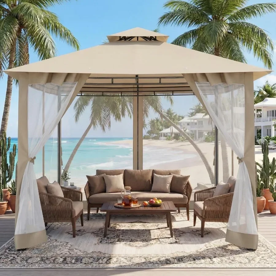 Duty Gazebos with Improved Nettings Outdoor Gazebo Double Roof Patio Gazebos with Metal Steel Frame Outdoor Canopy