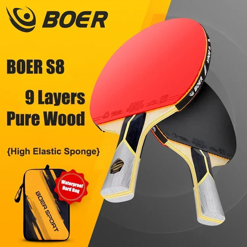 

BOER S8 Table Tennis Single Racket 9-Ply Ayus Blade with Non-tacky Pips-in Rubber High Elastic Sponge Ping Pong Paddle with Bag