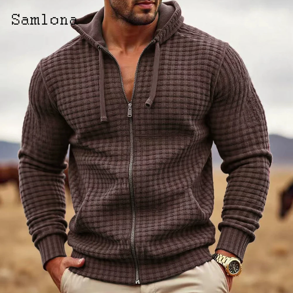 

2025 г., модная толстовка на молнии в европейском стиле, большие размеры, мужские топы с капюшоном и длинными рукавами, осенние жаккардовые клетчатые базовые пуловеры, новинка