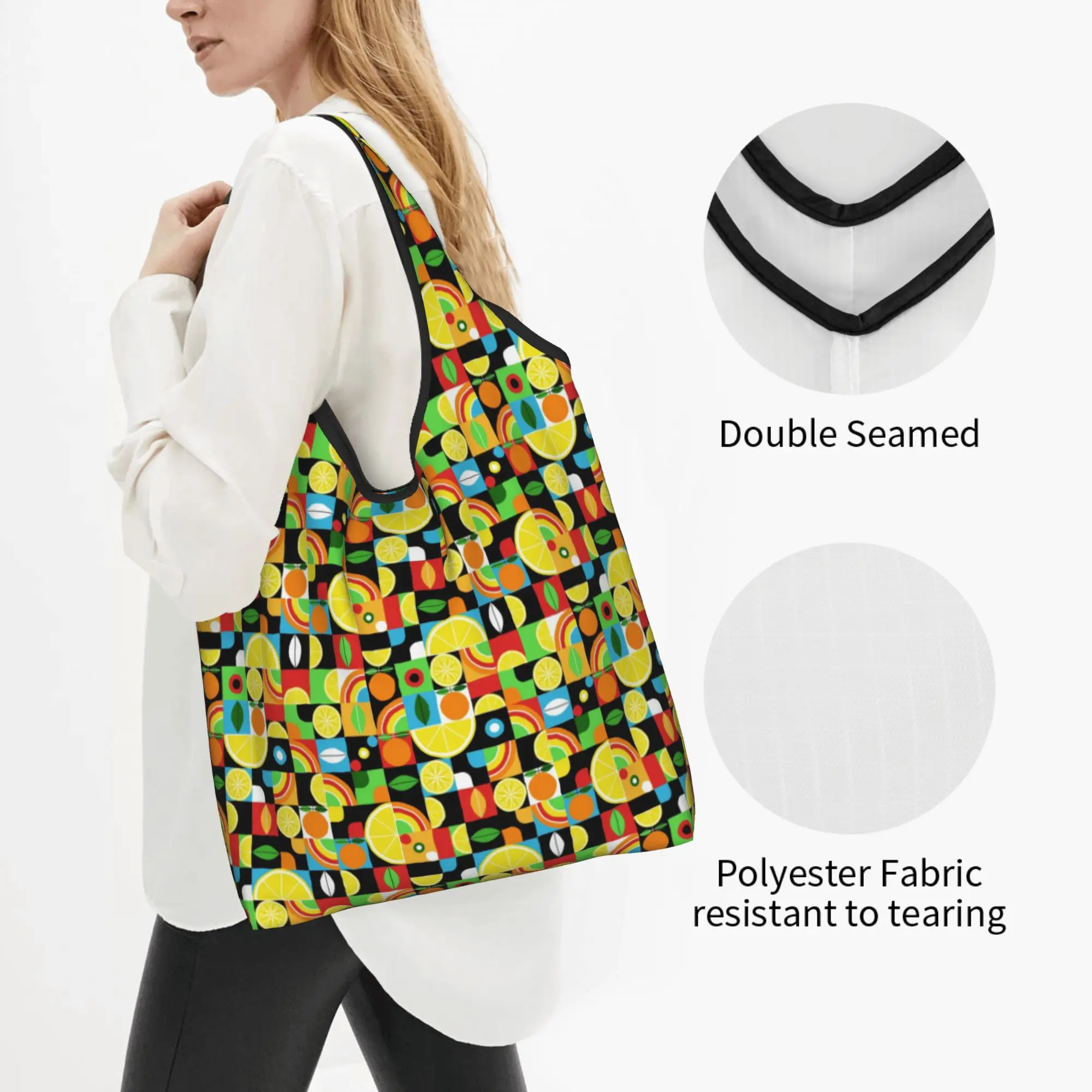 Fashion Geometric Fruits Lemons and Oranges Shopping Tote Bag Portable  Grocery Shopper Shoulder Bag