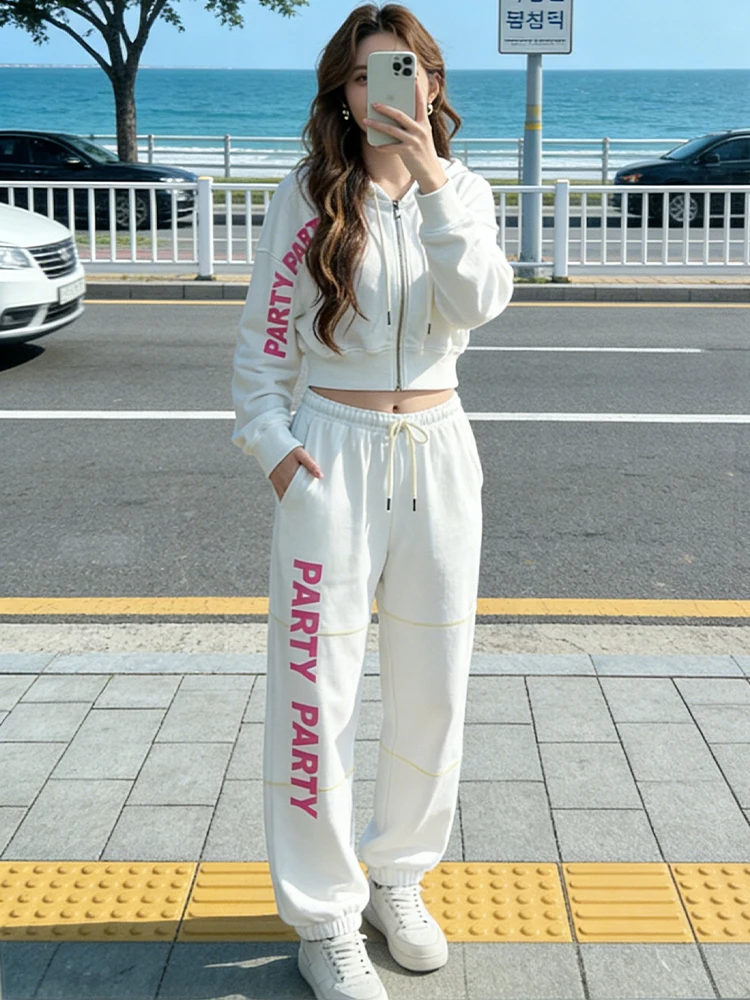 

New Ivory White Cotton Zip Up Hoodie Tracksuit Set Women Letter Print Brand Sportswear Spring Autumn Casual Two Piece Outfit
