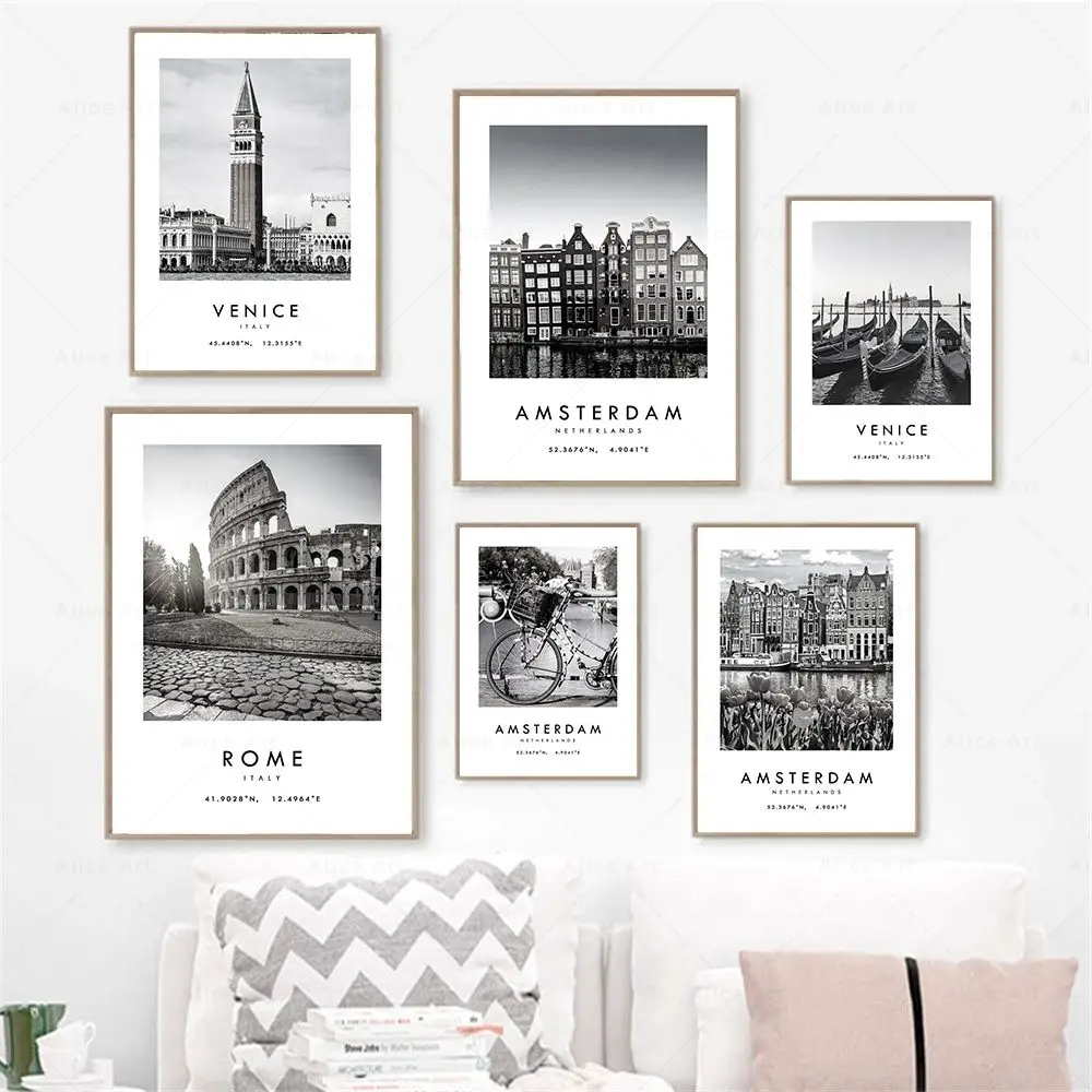 Black White Travel Canvas Painting Italy Australia Netherlands Landscape Poster Paris Venice Rome Prints Wall Picture Home Decor