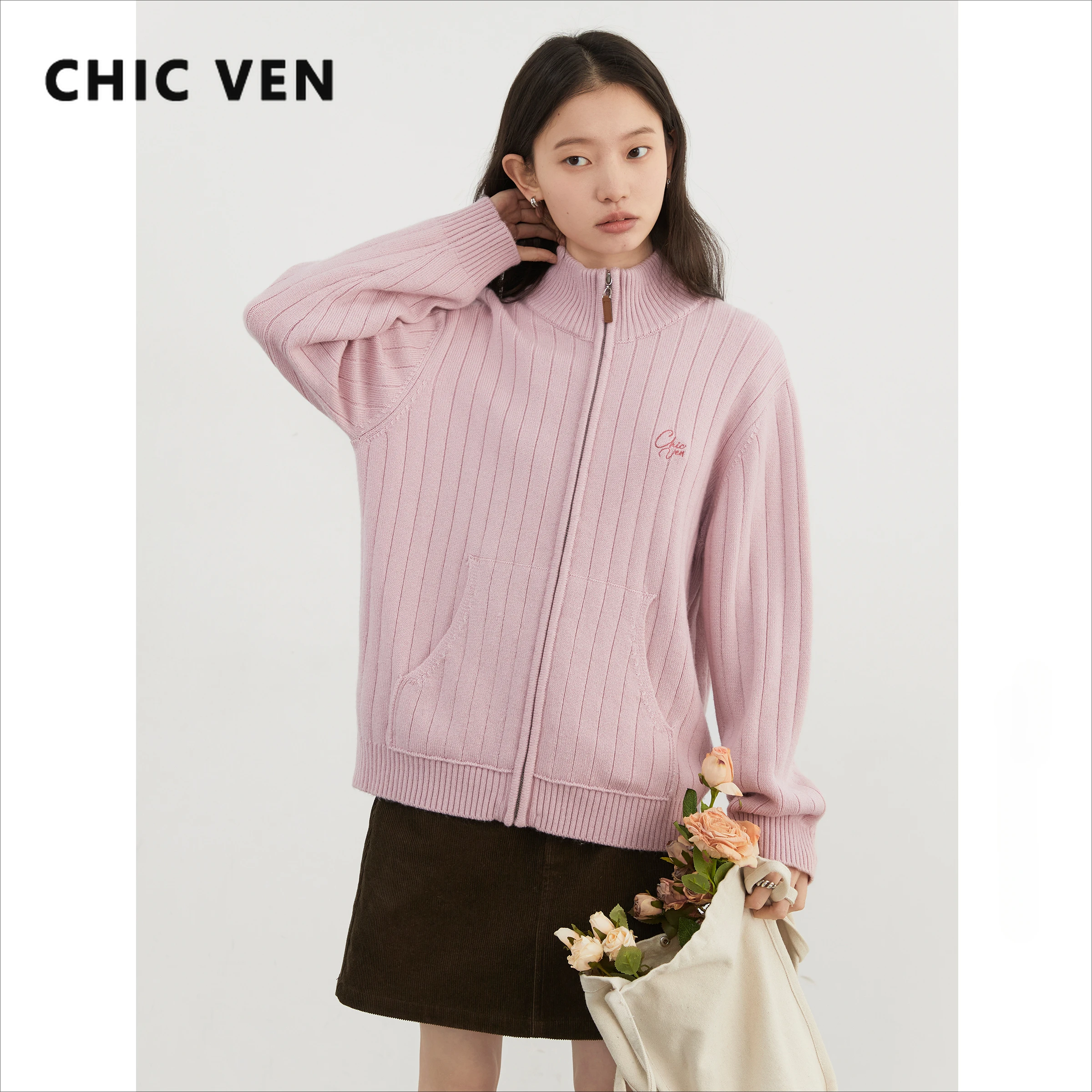 CHIC VEN Korean Women Knitted Cardigan Solid Embroidery Print Loose New Stand Up Collar Female Sweaters Autumn Winter 2024