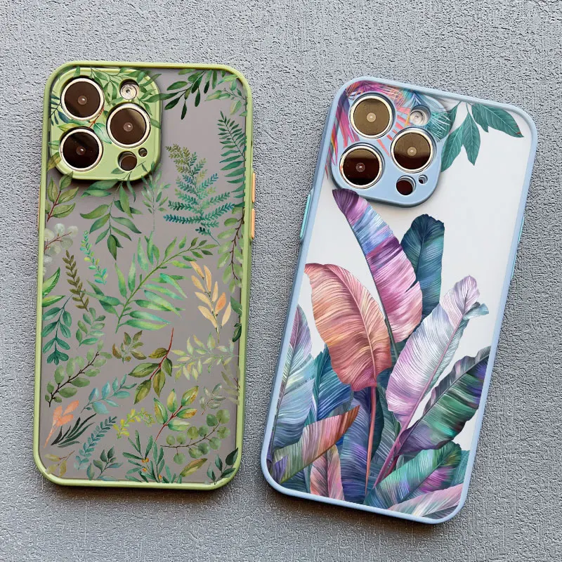 Funda de teléfono con hojas de palmera, planta y flor para iphone X XR XS 15 11 12 13 14 Pro Max 16 Plus 7 8 Plus, Funda trasera a prueba de golpes