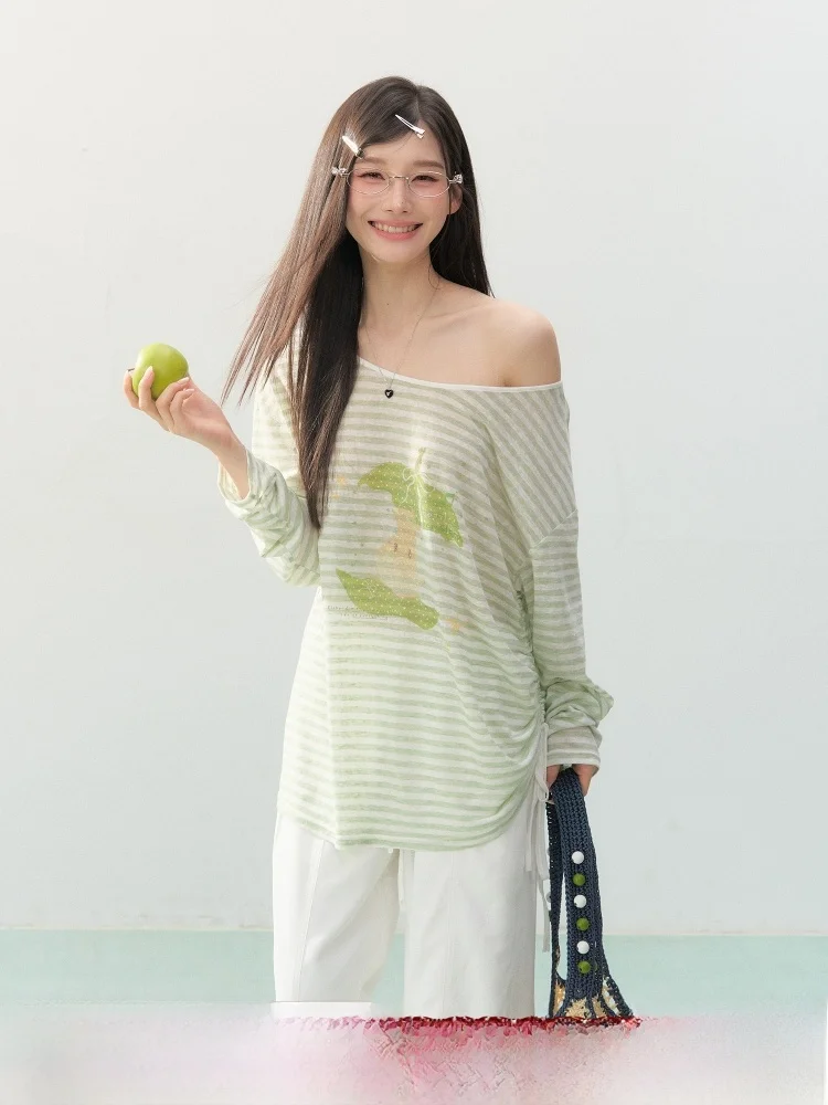 

ELEVEN SP Spring Original Stripe Design Long Sve Bal oulder Bared Women's T-irt Korean Sle Loose Fit Breathable