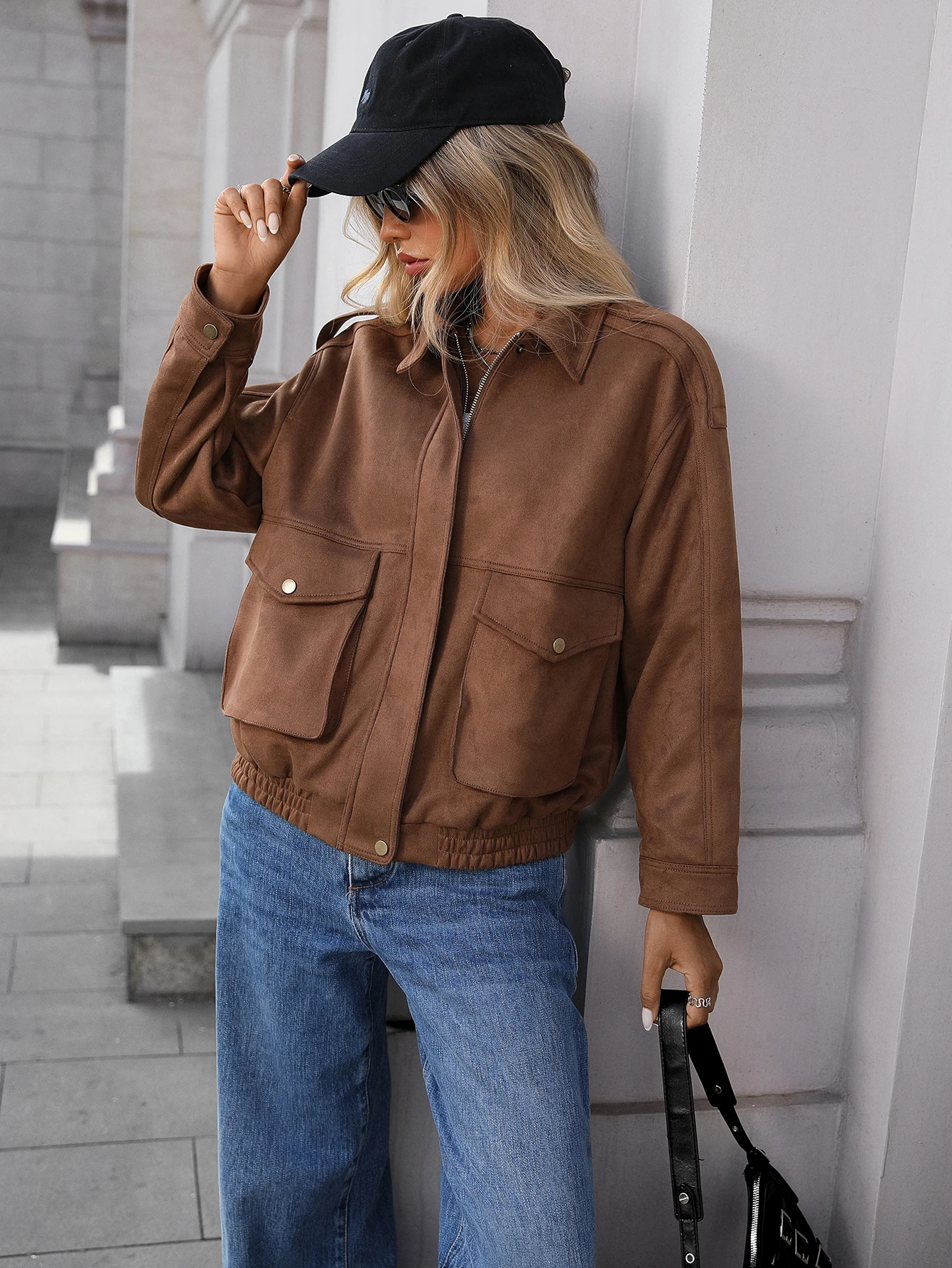 سترة نسائية قصيرة من جلد الغزال الصناعي معطف نباتي لراكبي الدراجات النارية ملابس خارجية عصرية للخريف