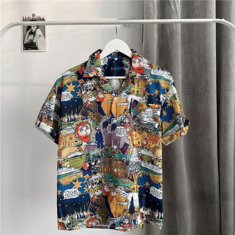 American Harajuku BF Style Retro Cashew Flower Couple Shirt Men's Oil Painting Full Print Hong Kong Style Short-sleeved