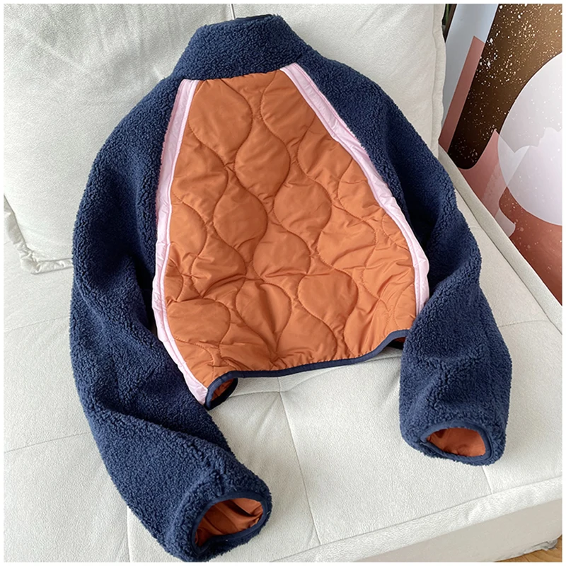 Fashion Versatile Plush Splicing Color Contrasting Coat Autumn Winter Zipper Pocket Design Short Style Cotton Jacket For Women
