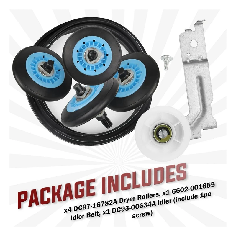 2X Dryer Repair Kit Include DC97-16782A Dryer Drum Roller & DC93-00634A Dryer Idler Pulley & 6602-001655 Dryer Drum Belt