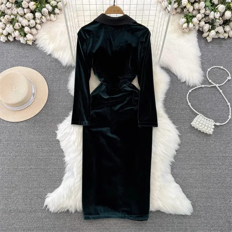 Autumn And Winter Blazer High-End Light Luxury Temperament Long Sleeve Suit Collar Slim A-Line Velvet Trench Coat Dress Z833