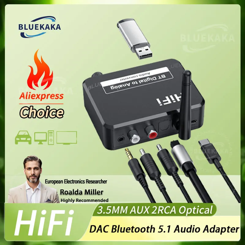 BLUEKAKA DAC&Bluetooth 5.1 Audio Receiver Digital to Analog Converter 3.5mm AUX RCA U-Disk Optical Jack Stereo Wireless Adadper