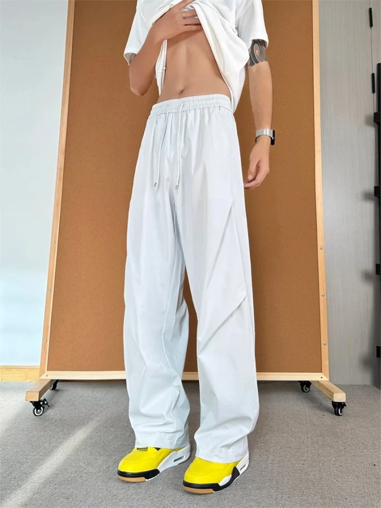 

American High Street Ice Silk Casual Pants Men Summer Thin Pleated Casual Trousers Drape Straight Leg Wide Leg Long Trousers