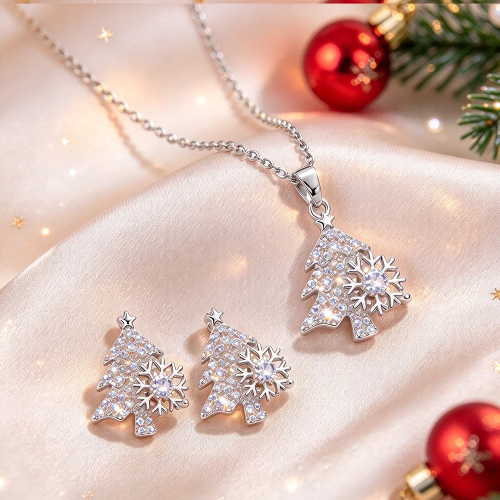 ZAKOL Trendy Snowflake Christmas Tree Earring Necklace Set for Women Pave Crystal Zirconia Shiny Accessories Xmas Festival Jewel