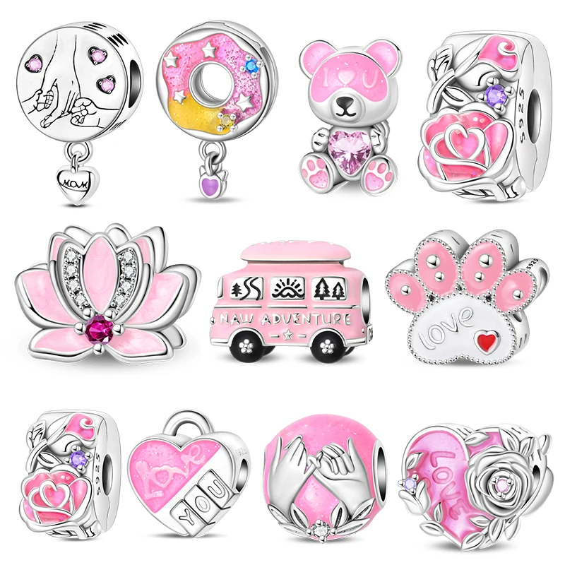 New in Charms 925 Silver 3D Pink Lotus And Bear Charms Bead Fit 3mm Original Bracelet For Women DIY Pendants Luxury Jewelry Gift
