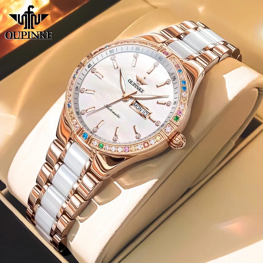 OUPINKE Women's Watches Luxury Elegant Top Brand Original Automatic Mechanical Wristwatch Ceramic Strap Colored Diamond Bezel