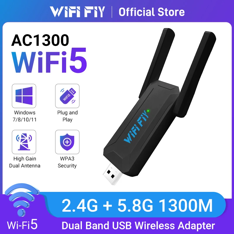 

Беспроводной Wi-Fi-адаптер 1300 Мбит/с, сетевая карта USB3.0, Wi-Fi-ключ для ПК, ноутбука, двухдиапазонный 2,4G/5,8 ГГц с антенной