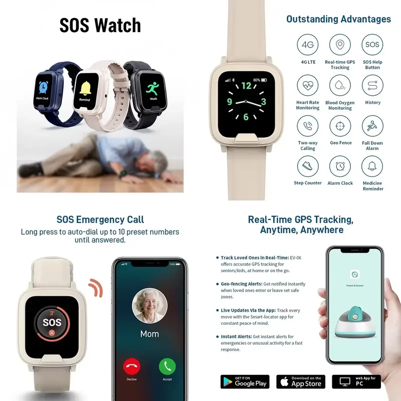 4G Elderly Smartwatch GPS Bracelet Tracker with SOS Emergency Button Positioning Emergency Call Health Monitoring Functions