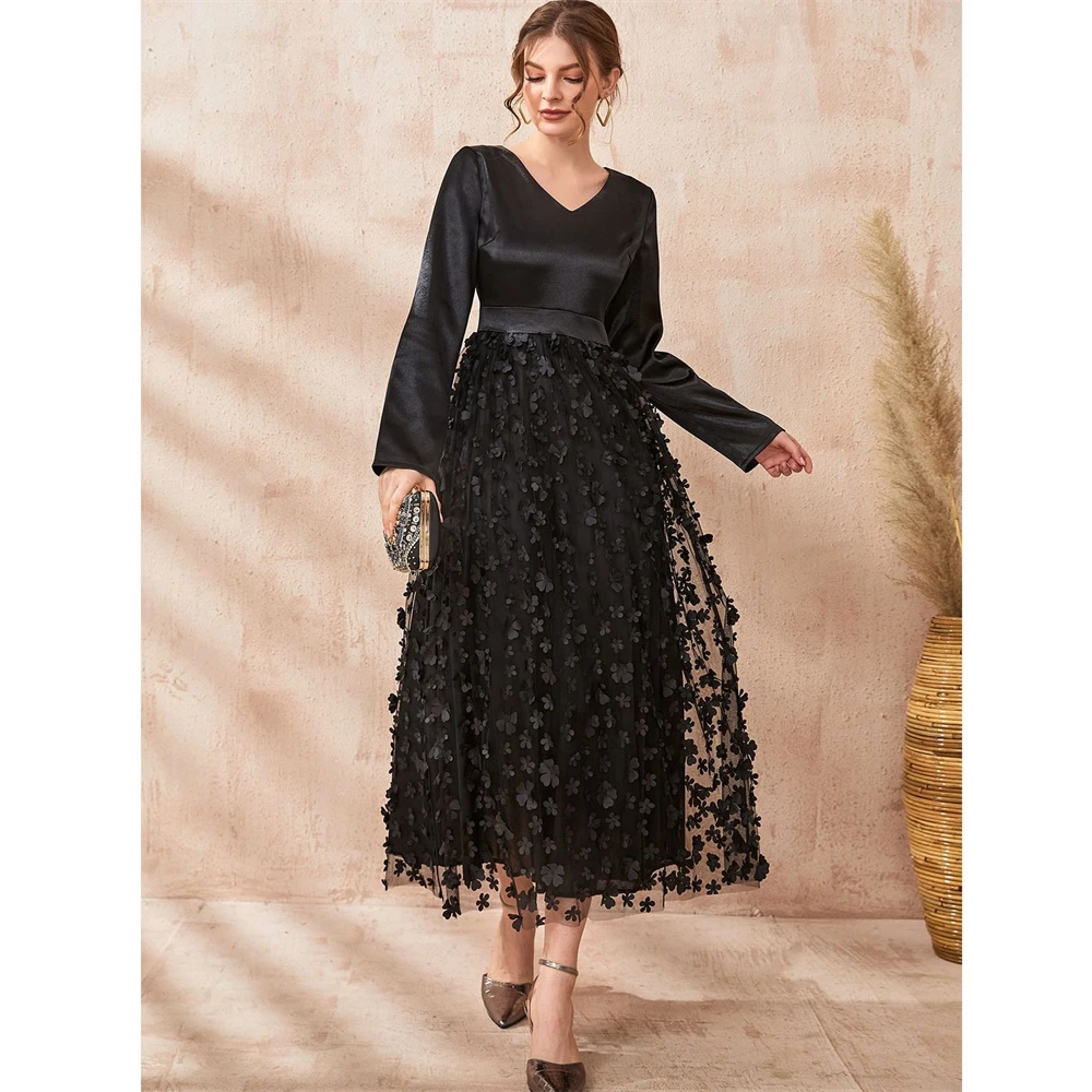 3D Flower Embroidery Prom Dress V-Neck Women A Line Long Sleeves Floral Formal Evening Party Gowns Black Muslim Islamic Vestidos