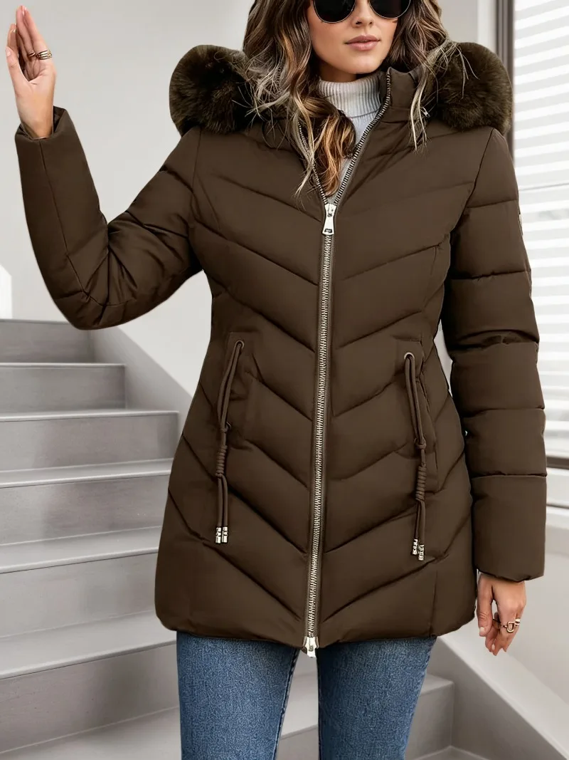 New Women's Winter Jacket 2026 Mid-length Fashion Slim Over Knee Fur Collar Thick Cotton Coat Elegant Gray Parka Woman Clothing