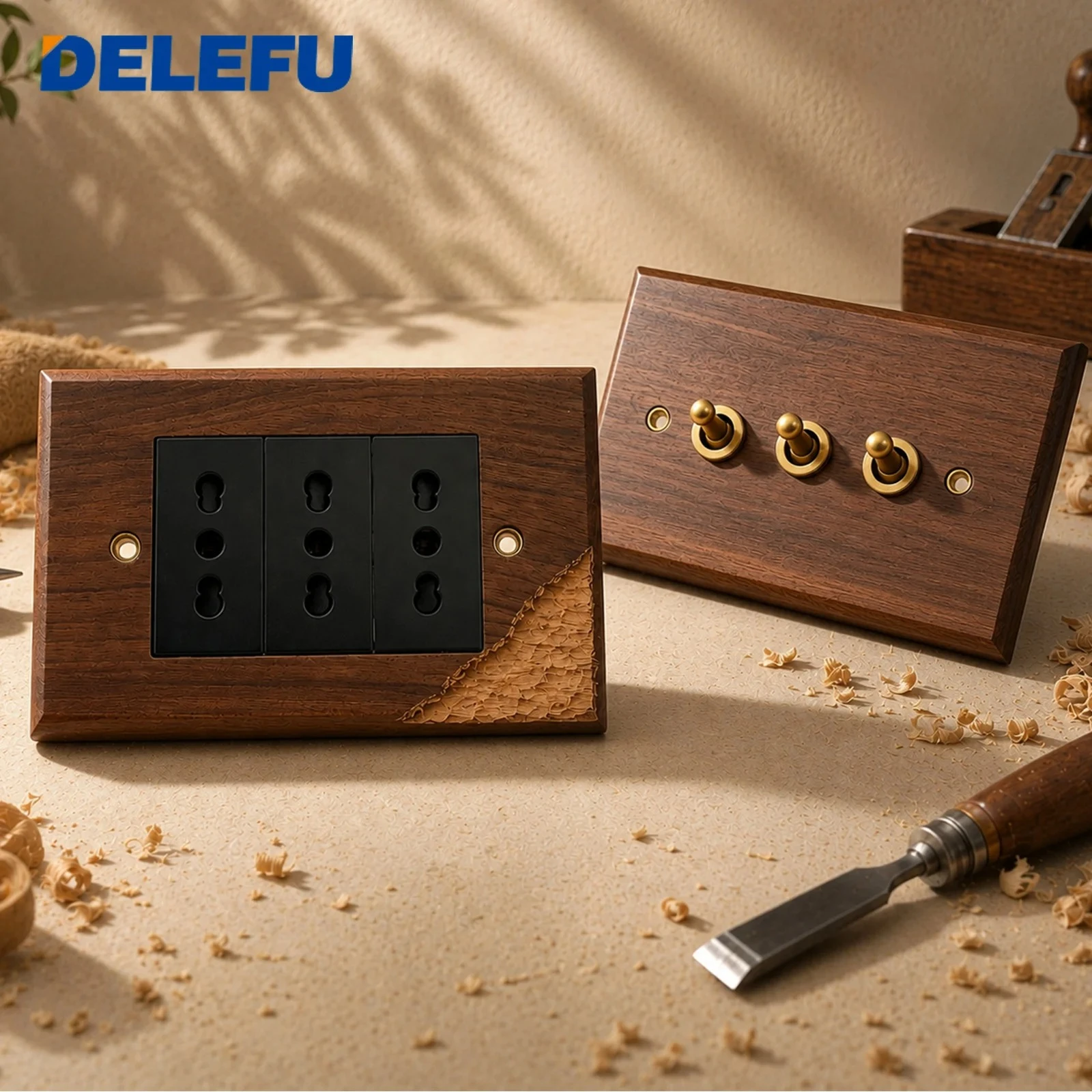 DELEFU Solid Walnut Wall Switch Socket Retro Brass Toggle Switch Italian Bipasso Schuko 20W USB Type-C 127x82mm