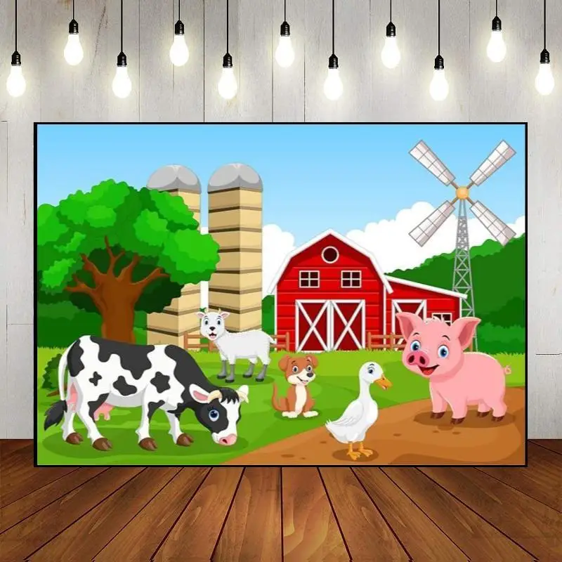 Photography Backdrop Background Farm Animals Theme Farmhouse Happy Birthday Custom Photo Party Banner Cow Baby Shower Barn Door