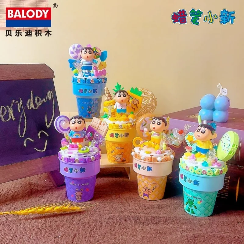 BALODY Crayon Shin-chan Ice Cream Series Building Block Kawaii Toys Collectible Models Desktop Ornaments Children's Holiday Gift