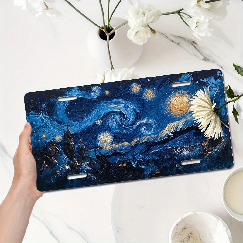 1pc 6x12 Inch Starry Night Aluminum Car License Plate - Vibrant Blue & Golden Swirl Design, Front Bumper Art for Classic & Moder